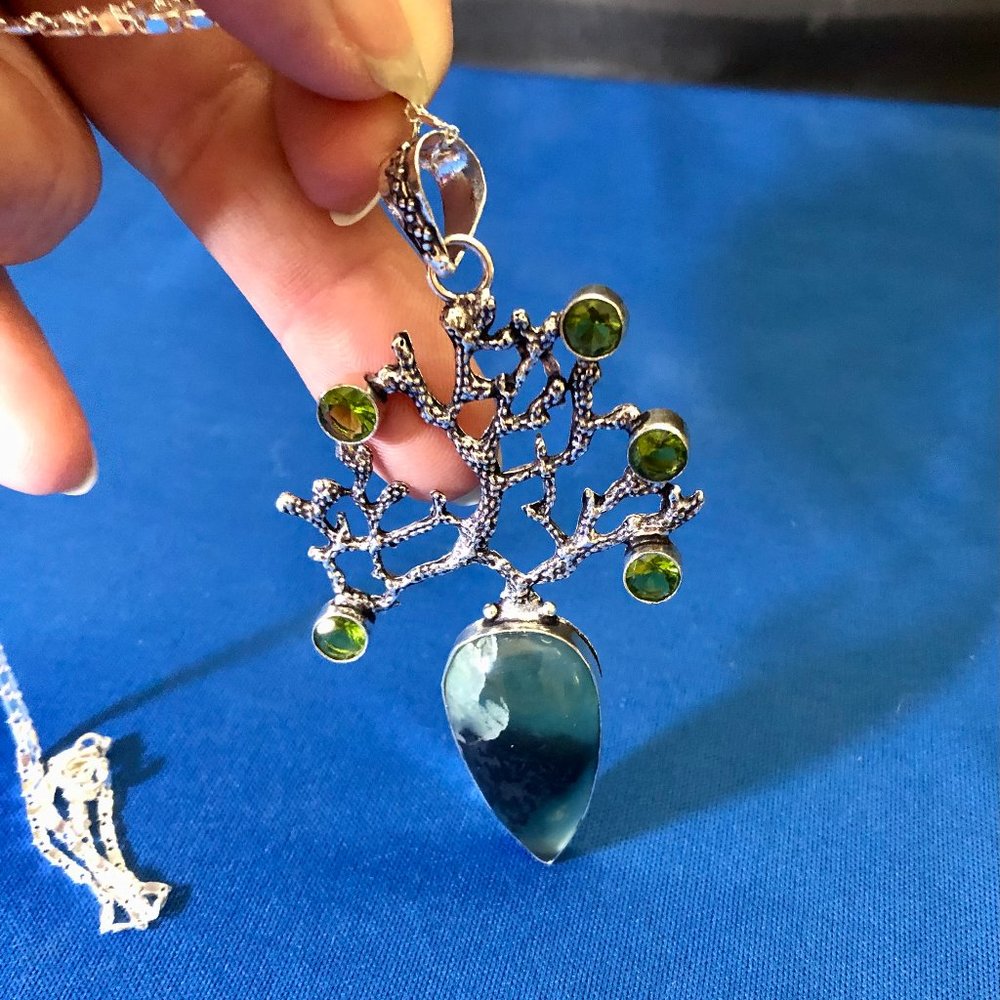 Handmade Tree Of Life Tempting Nephrite, Peridot Gemstone 925 Necklace.